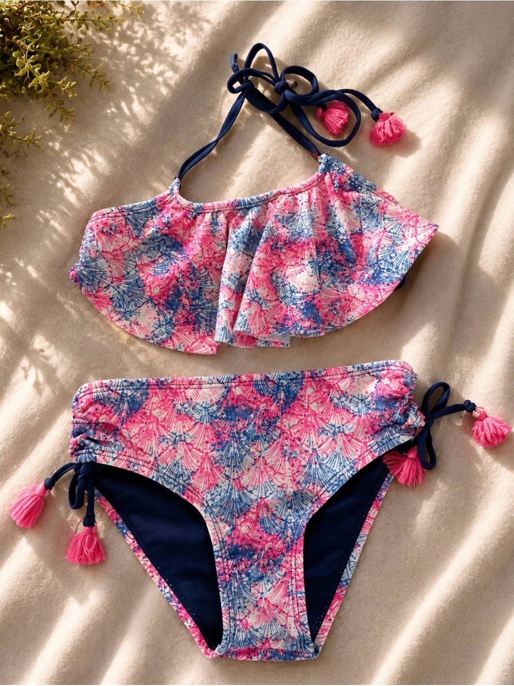 Limited Too Pink & Navy Floral Ruffle Bikini